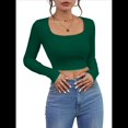 thumbnail image 2 of Tops Cortos de Larga para Mujer, con Cuello Cuadrado Acanalado, Ajustados, Informales, A para Dama Verde Oscuro M, 2 of 7