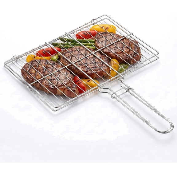 Heavy Duty Grill Basket, Lockable Fish Grill Basket, Portable BBQ Grilling Rack for Fish, Steak, Shrimp, Vegetables and Meat, Outdoor Campfire Cooking Tool