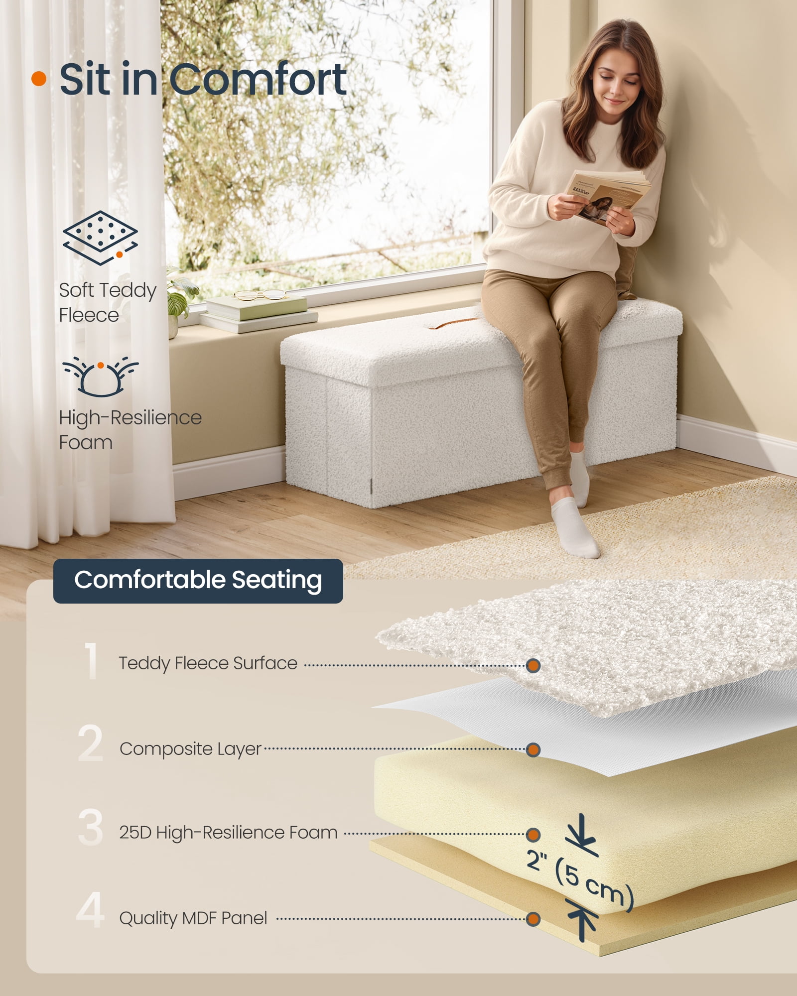 SONGMICS HOME 43" Storage Ottoman Bench Folding Ottoman with Storage Load up to 660 lb for Living Room Bedroom Cream White