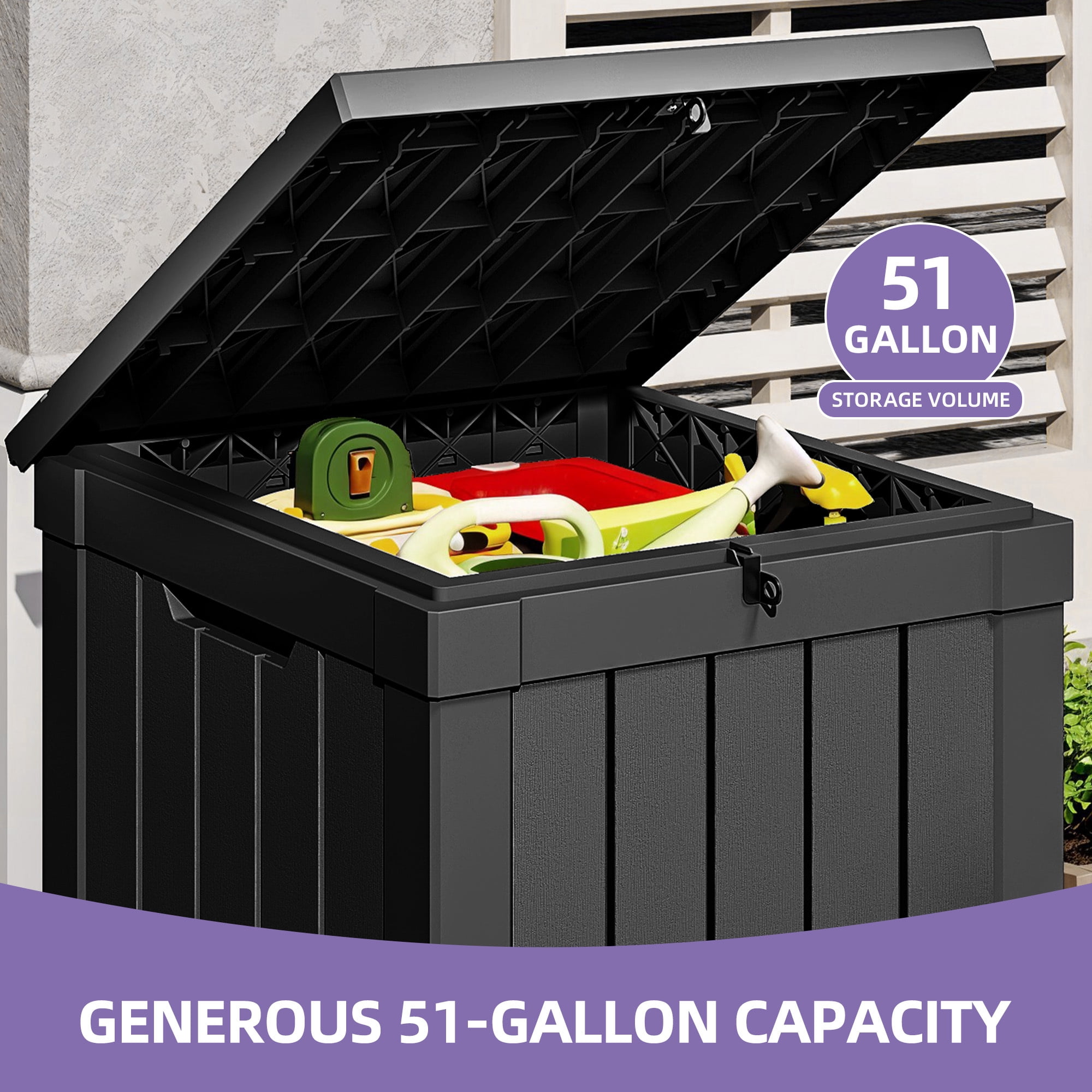 Uforic 51 Gallon Waterproof Lockable Deck Box, Resin Outdoor Storage Box, Black