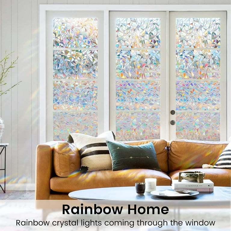 17.5″X78.7″ Privacy Decor Window Film, Rainbow Cling Holographic No Glue  Frosted