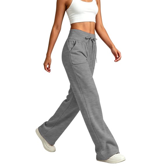 Vivianyo HD Women's Solid Wide Leg Elastic Drawstring Knit Jogger Pants, Womens Casual Loungewear Trousers with Oversized Patch Pocket for Workout, Women's Gray, Sizes S-3XL