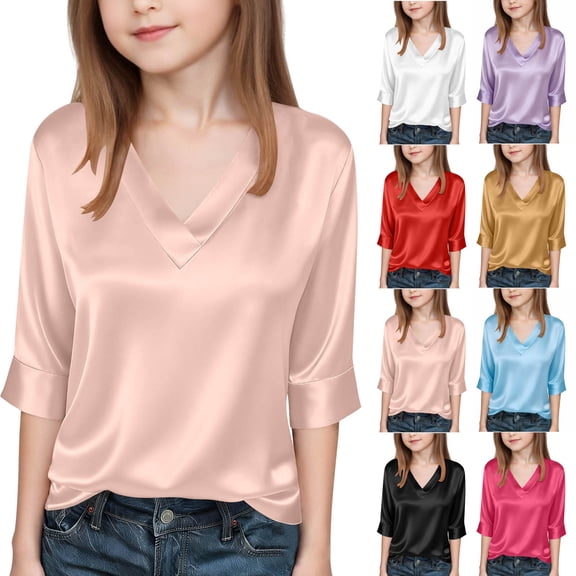jobturf Shirts for Girls Dressy Casual V Neck Silk Satin Blouses Summer Comfy Loose Lightweight Basic Tees 3/4 Sleeve Tops Size 4-15 Years