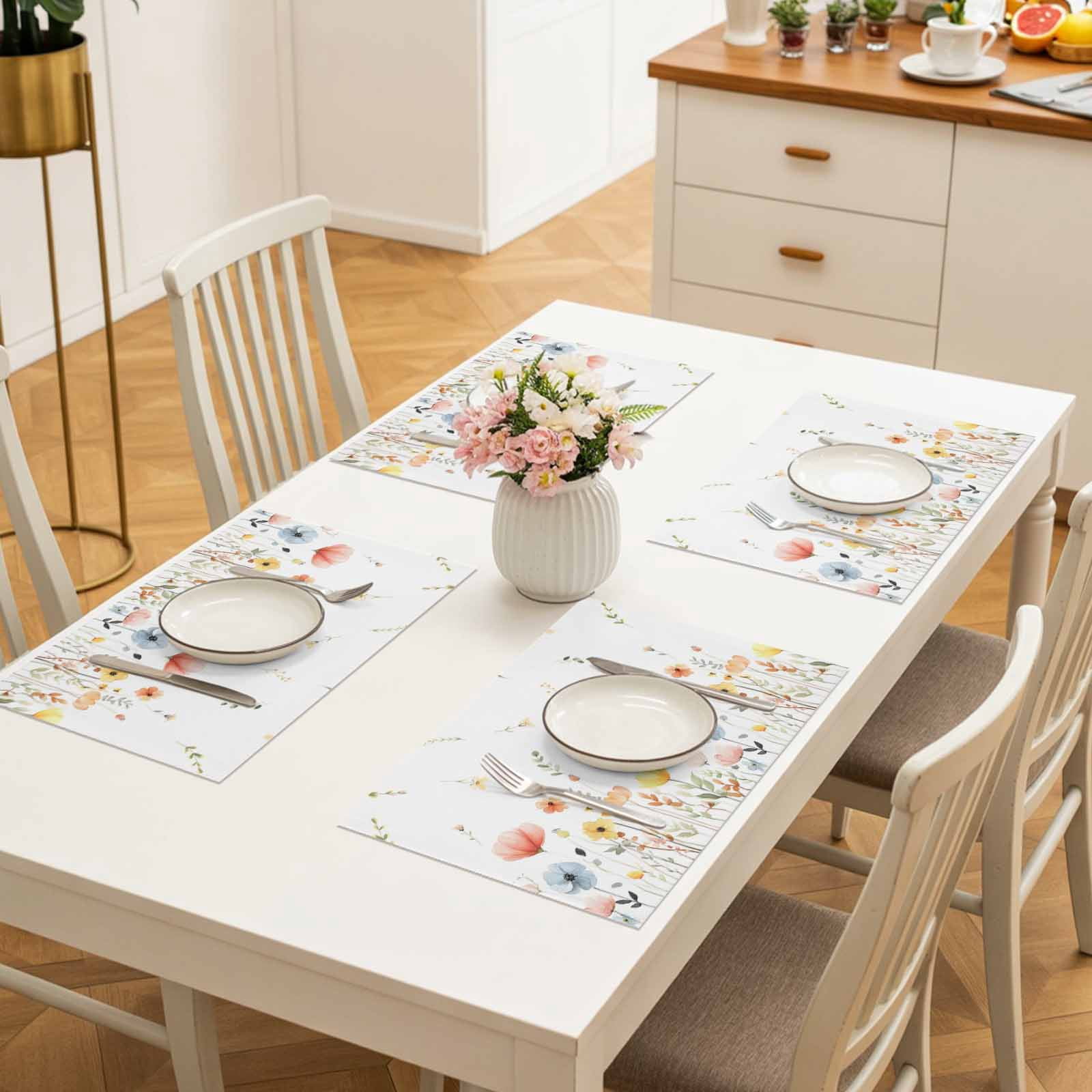 Spring Wildflowers Placemats Set of 4, Watercolor Rustic Flowers Floral Leaves Placemats for Dining Table, Place Mats for Kitchen Tabletop, Waterproof Wipeable Dining Table Mats Set