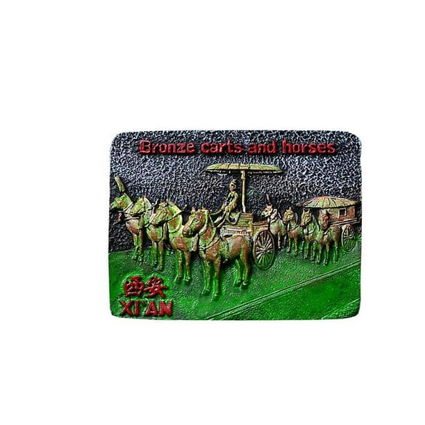 Imán para nevera Xi'an, diseño 3D de resina con forma de carro y caballo, diseño de bronce