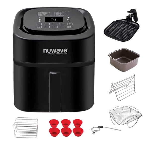 Nuwave Brio Freidora de aire inteligente digital saludable de 6 cuartos con sonda, controles digitales de un solo toque, funciones de cocción avanzadas, inserto divisor extraíble y bandeja para parril
