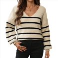 thumbnail image 2 of Suéteres Casuales de Otoño para Mujer, Suéter de Punto Informal A Rayas con Cuello en V, Larga y Espalda Descubierta Albaricoque y Negro M, 2 of 9