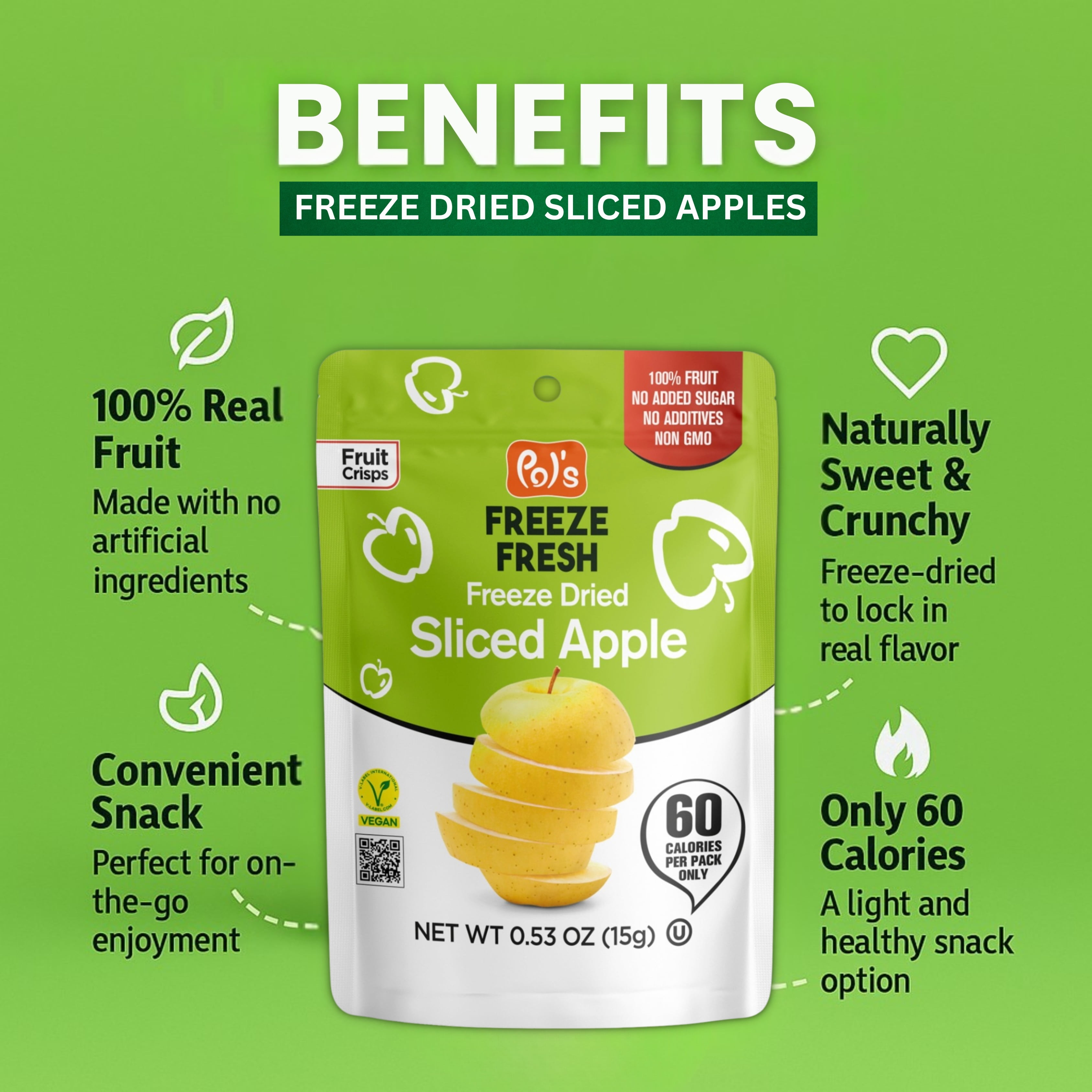 Pol’s Freeze Fresh Premium Freeze Dried Apples Sliced | Non-GMO, Kosher, Vegan, Gluten-Free, No Additives, No Added Sugar | 0.53 Oz (Pack of 12)