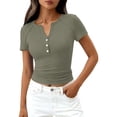 thumbnail image 2 of Dwellite Womens Summer Short Sleeve Tops V Neck Button Up Henley T Shirts Slim Fitted Ribbed Blouses 2026 Army Green 2XL, 2 of 6
