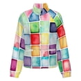 thumbnail image 5 of Jackets for Women Winter Coat Jackets Flannel Stand Collar Jacket(Colorful Watercolor Squares Pattern,Size:S-4XL), 5 of 7