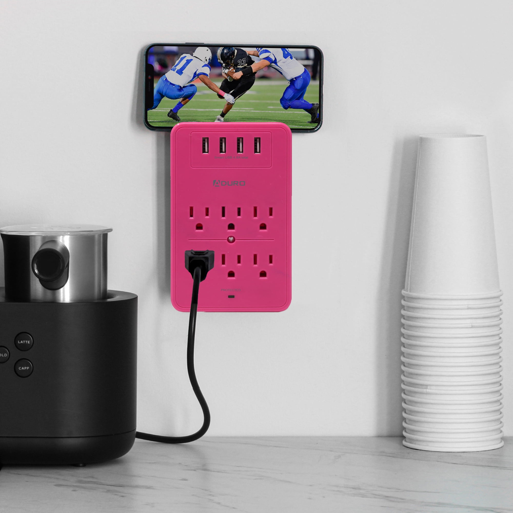 Aduro Surge Protector 6 Outlets Power Strip Station with USB (4 Ports 4.8A) Wall Mount Multiple Outlet Splitter Extender Adapter with Phone Shelf Stand ETL Listed Pink
