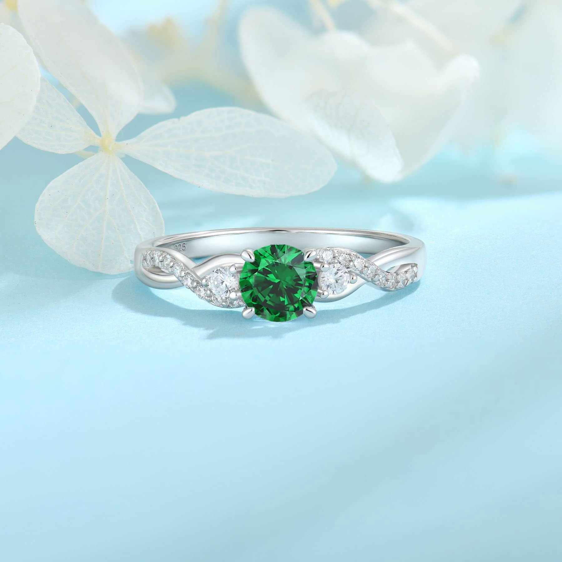 FJ Promise Rings for Her 925 Sterling Silver Engagement Ring Anniversary Wedding Eternity Ring Emerald May Birthstone Jewelry for Women Size 10
