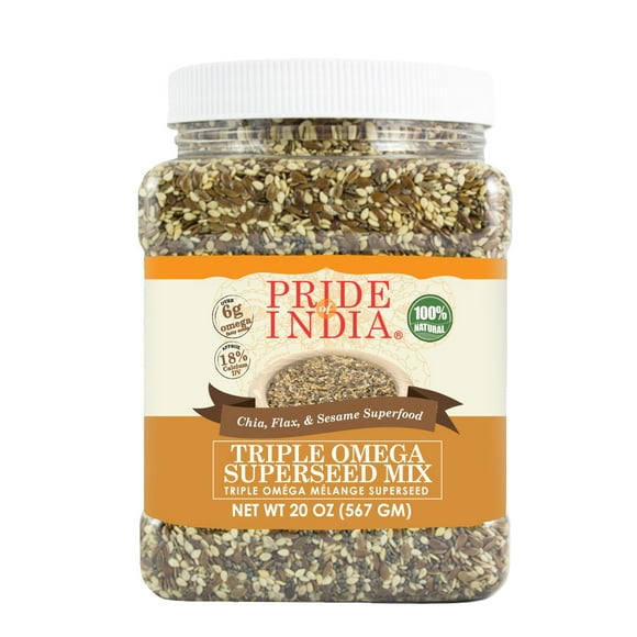 Pride Of India - Triple Omega Superseed Mix - Protein, Fiber, Calcium, Iron, Omega-3, Omega-6, & Thiamin Rich Superfood w/ Chia Flax & Sesame Seeds, 1.25 Pound (20oz) Jar