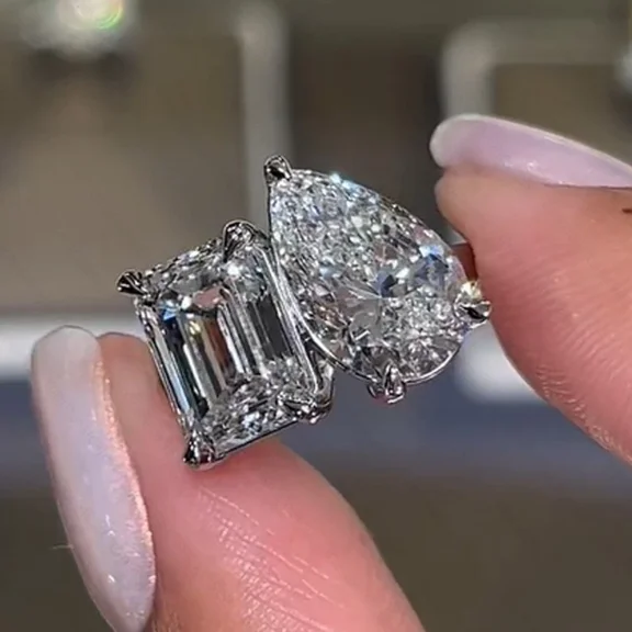 2Ctw Pear & Emerald Moissanite Toi Et Moi Wedding Ring 14K White Gold Plated