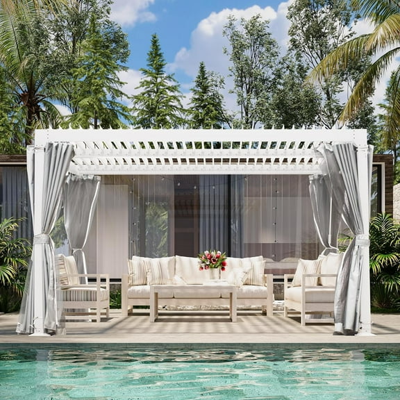 GAZEBETER 10' x 10' Louvered Pergola, Outdoor Aluminium Pergola with Adjustable Roof, Curtains and Netting, Hardtop Gazebo for Patio, Deck, Garden, Yard, Beach, White