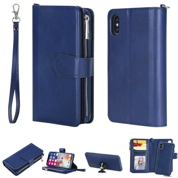 iPhone XS Wallet Case, iPhone X Stand Cover, Allytech Premium PU Leather Wallet Purse Zipper Pocket With 6 Card Slots, Detachable Magnetic Back Case for Apple iPhone XS/ iPhone X, Blue