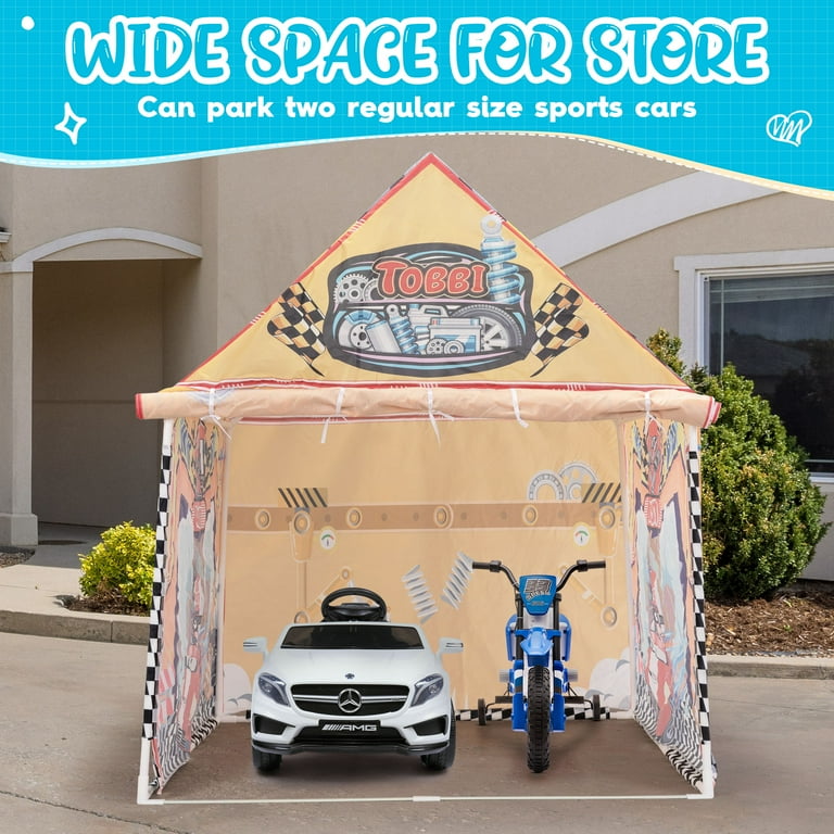 TOBBI Kids Ride On Car Storage Shed Portable Garage Carport for Kids Ride On Car With Roll up Door Kids Car Canopy Party Tent Garage Style
