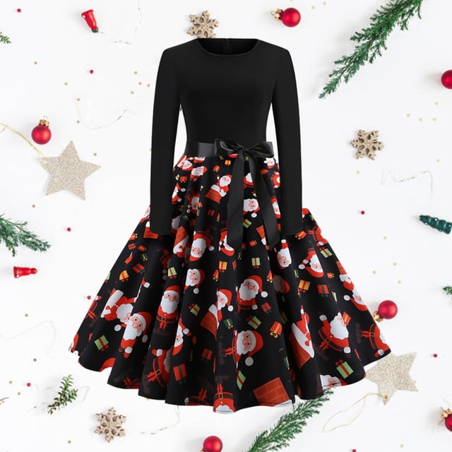 Vestido de Navidad para mujer Vestido acampanado de Navidad de invierno acampanado con estampado de manga larga Imprimir 4 Hugo Vestido de manga larga