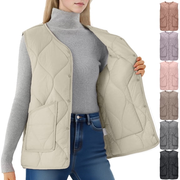 Lovzfmll Winter Coats for Women, Snap Front Casual Vest, Sleeveless Quilted Puffer Vest with Pockets, Fall Winter Clothing