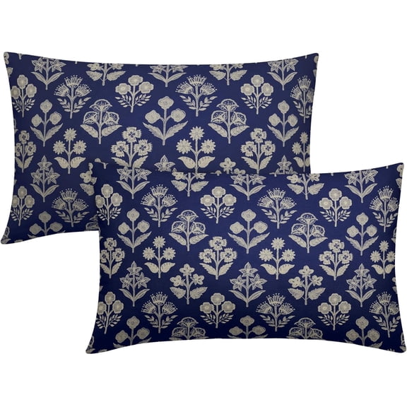 Navy Blue Pillow Covers 12x20 Inch Set of 2, Cream Floral Block Print Pattern Lumbar Decorative Throw Pillowcases Outdoor Farmhouse Rectangle Cushion Covers Spring Summer Sofa Couch Bed Decor