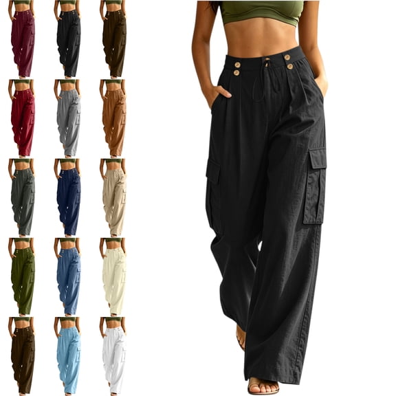 Loose Cargo Pants for Women Wide Leg Linen-Like Back Elastic Waist Button Zipper Multi Pocket Casual Trousers
