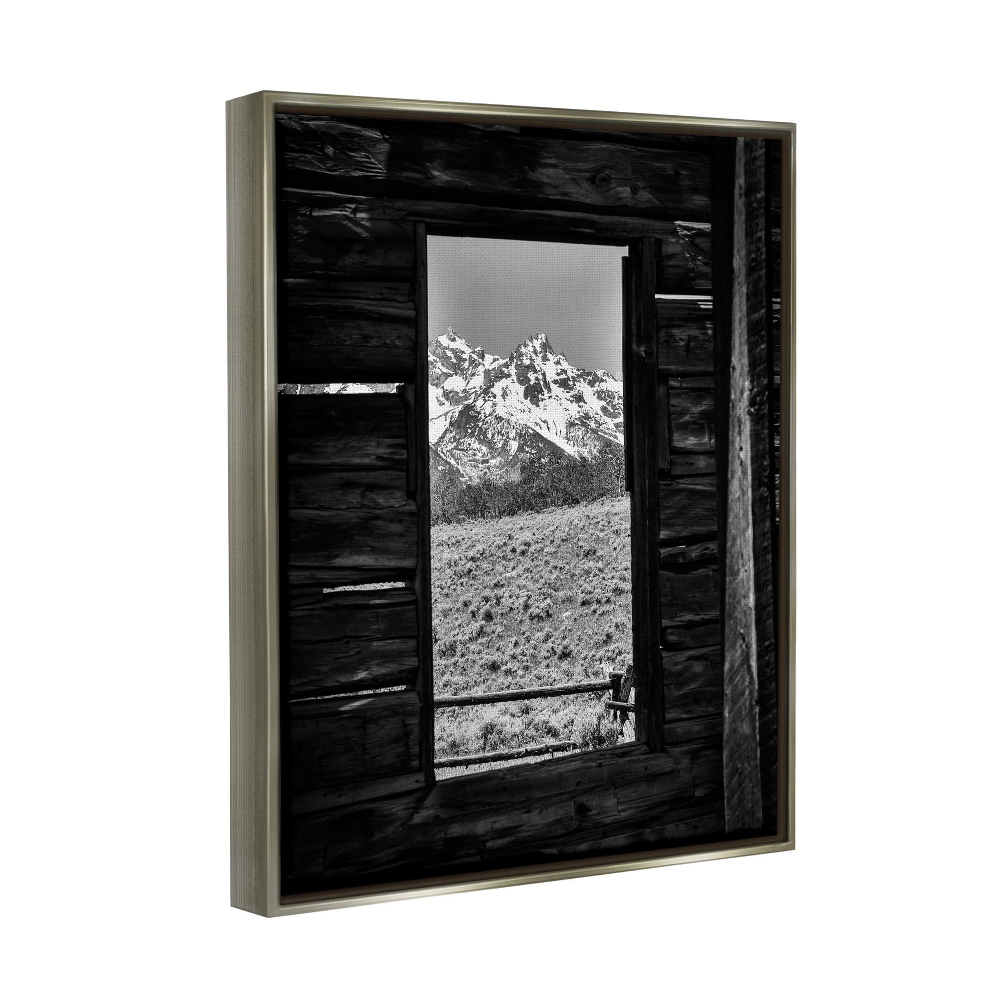Stupell Industries Mountain in Cabin Window Landscape Photography Gray Floater Framed Canvas Art Print Wall Art, 17 x 21