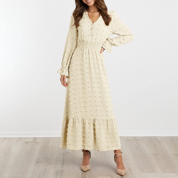Vestido largo bohemio con lunares, corte en A, vestido escalonado con volantes para mujer, traje diario Ygjytge Beige T S para Mujer