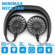 MINIMAX Portable Rechargeable Necklace Fan - Hands Free Neck Fan, Bendable, 3 Speeds, 360 Degrees Rotation, for Outdoor, Hikes, Menopause Hot Flashes, Fishing, Beach, 8 Hrs Battery (Black Led Fan)
