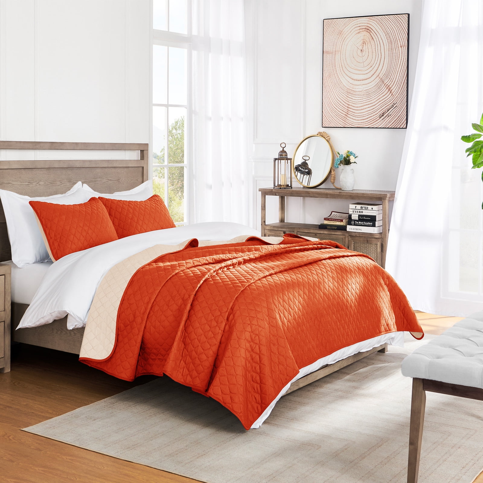 Exclusivo Mezcla Queen Quilt Set, 3-Piece Lightweight Queen Quilts Soft Bedspreads Bed Coverlets, Burnt Orange, 90"x96"