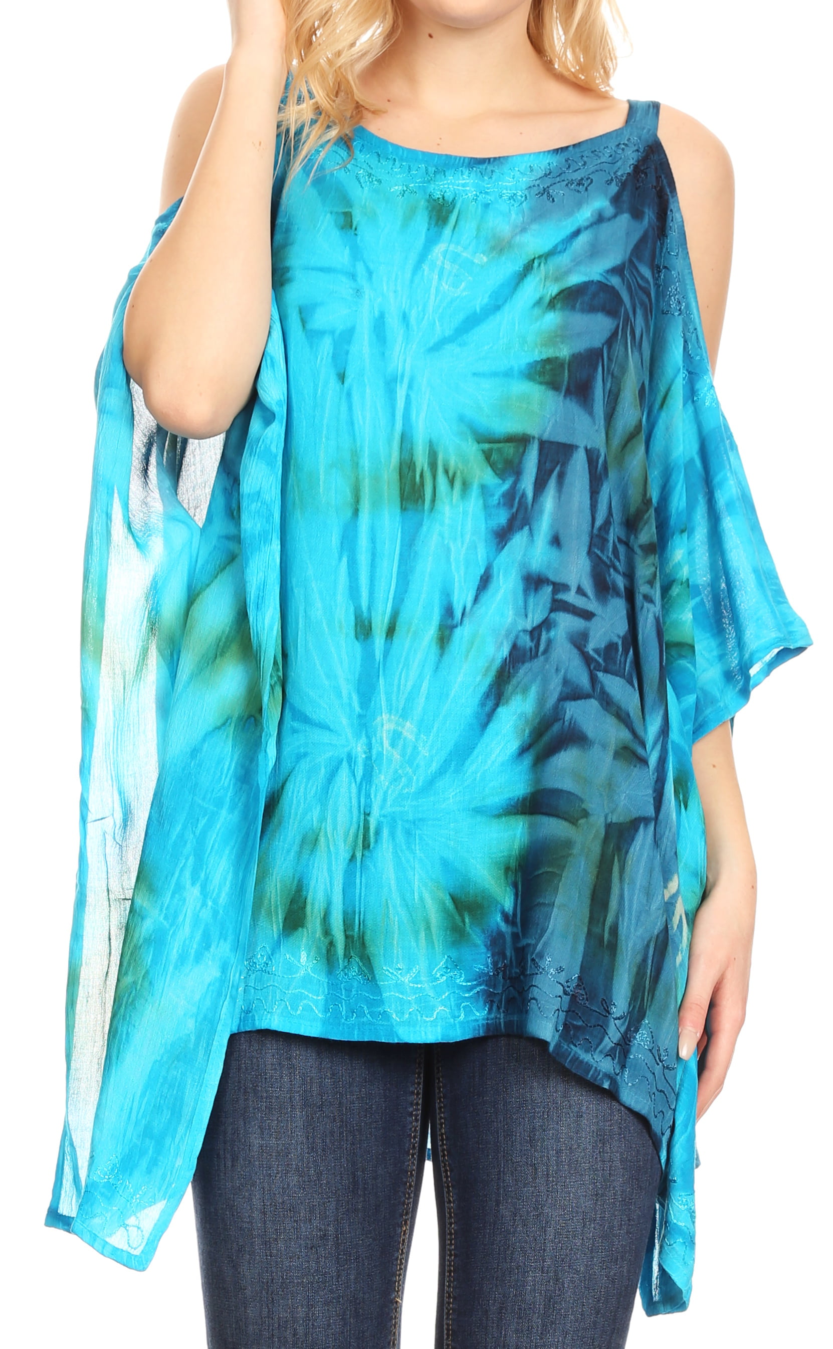 Sakkas Lucia Womens Tie Dye Embroidered Cold Shoulder Loose Tunic Blouse Top Tank