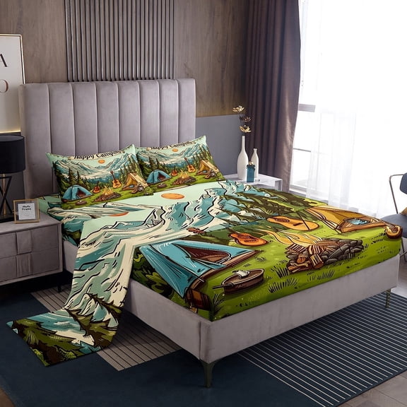 Erosebridal Camping Sheet Set Full for Teens, Lake House Bedding Sets Full Size, Adventure Decor 4-Piece
