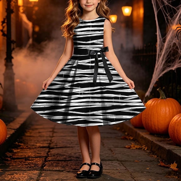 ATORRE Little Girls Sleeveless Dress Halloween Funny Print Round Neck Tank Dresses Breathable Comfortable Pleated Midi Dress with Belt Black A 5-6 Years
