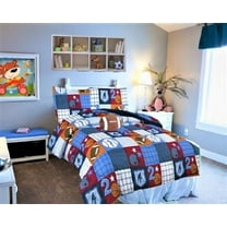 Girls and boys bed in bag complete set in twin size super soft easy wash kids bedding décor comforter , sheet set , pillow toy , pillow sham patchwork blue cartoon