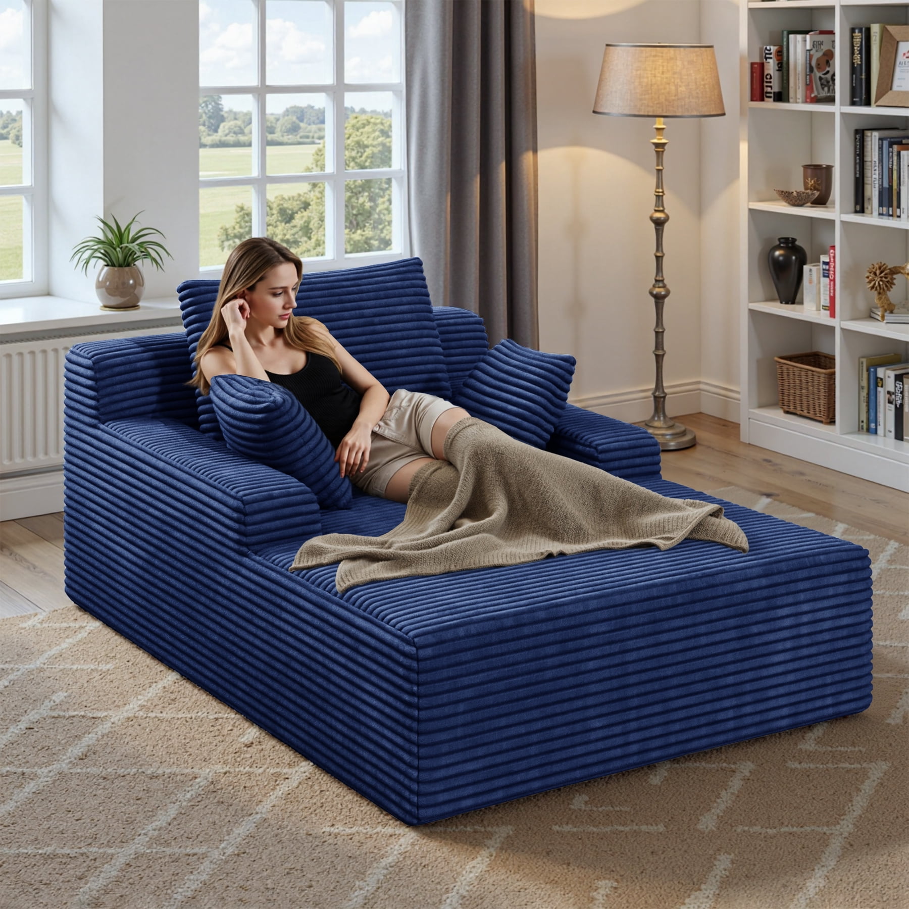 MOONMISS 68" Oversize Chaise Lounge Chair Indoor,Comfy Non-assembly Sofa Couches With 3 Pillows,Blue