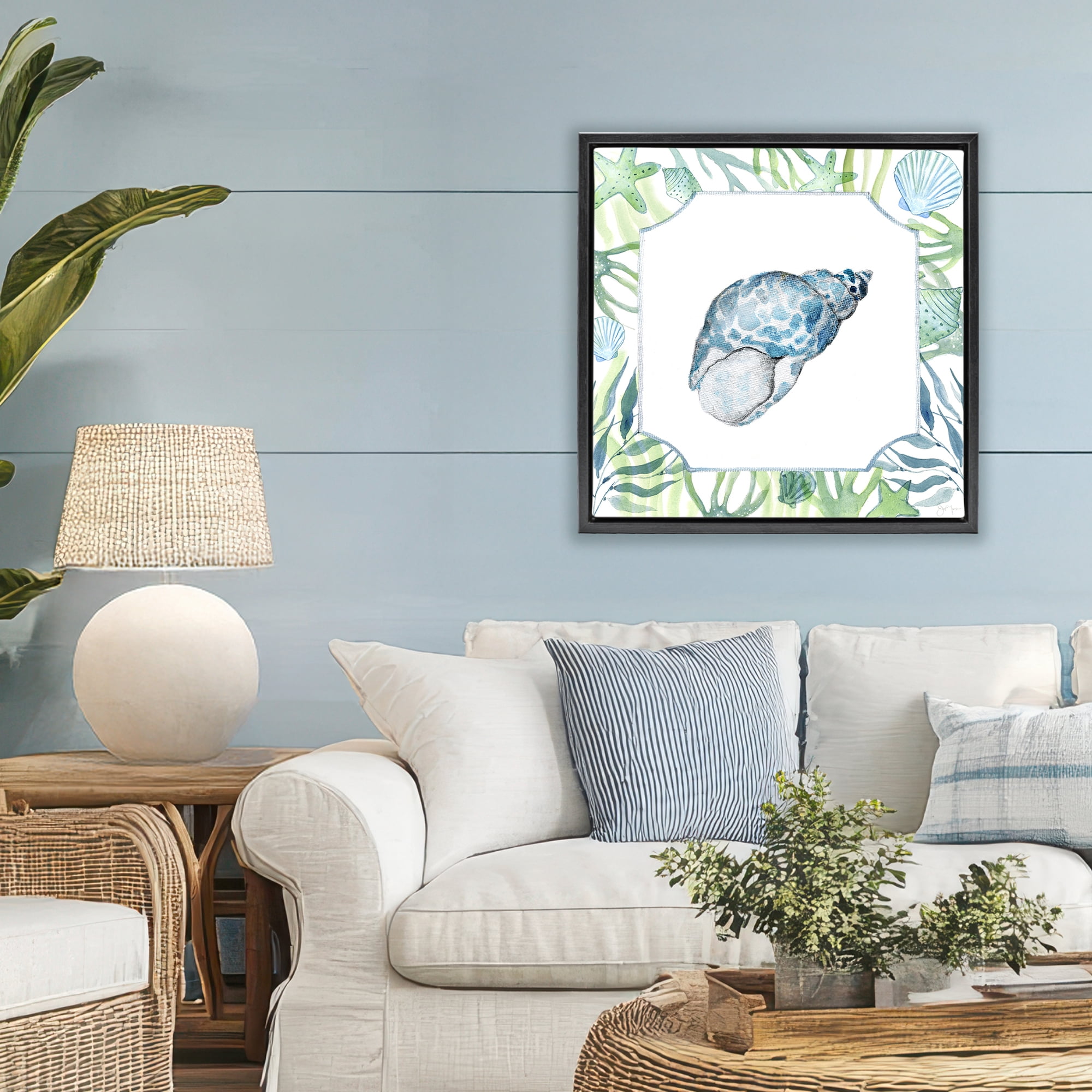 Stupell Industries Spotted Cowrie with Seaweed Black Framed Floater Canvas Wall Art, design by Janet Tava