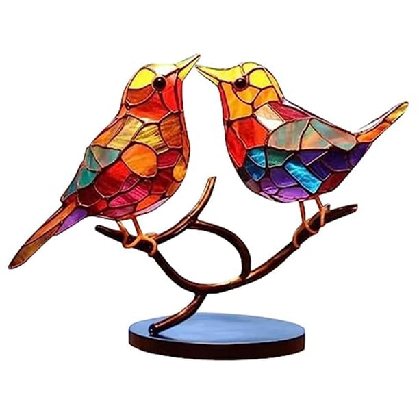 Adornos de escritorio de pájaros manchados en rama, mesa plana de Metal de doble cara, decoración de la habitación del hogar (2 pájaros en una rama)