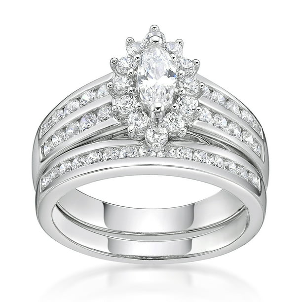 Brilliance Fine Jewelry Sterling Silver Simulated Diamond Marquise Bridal Set Ring Walmart