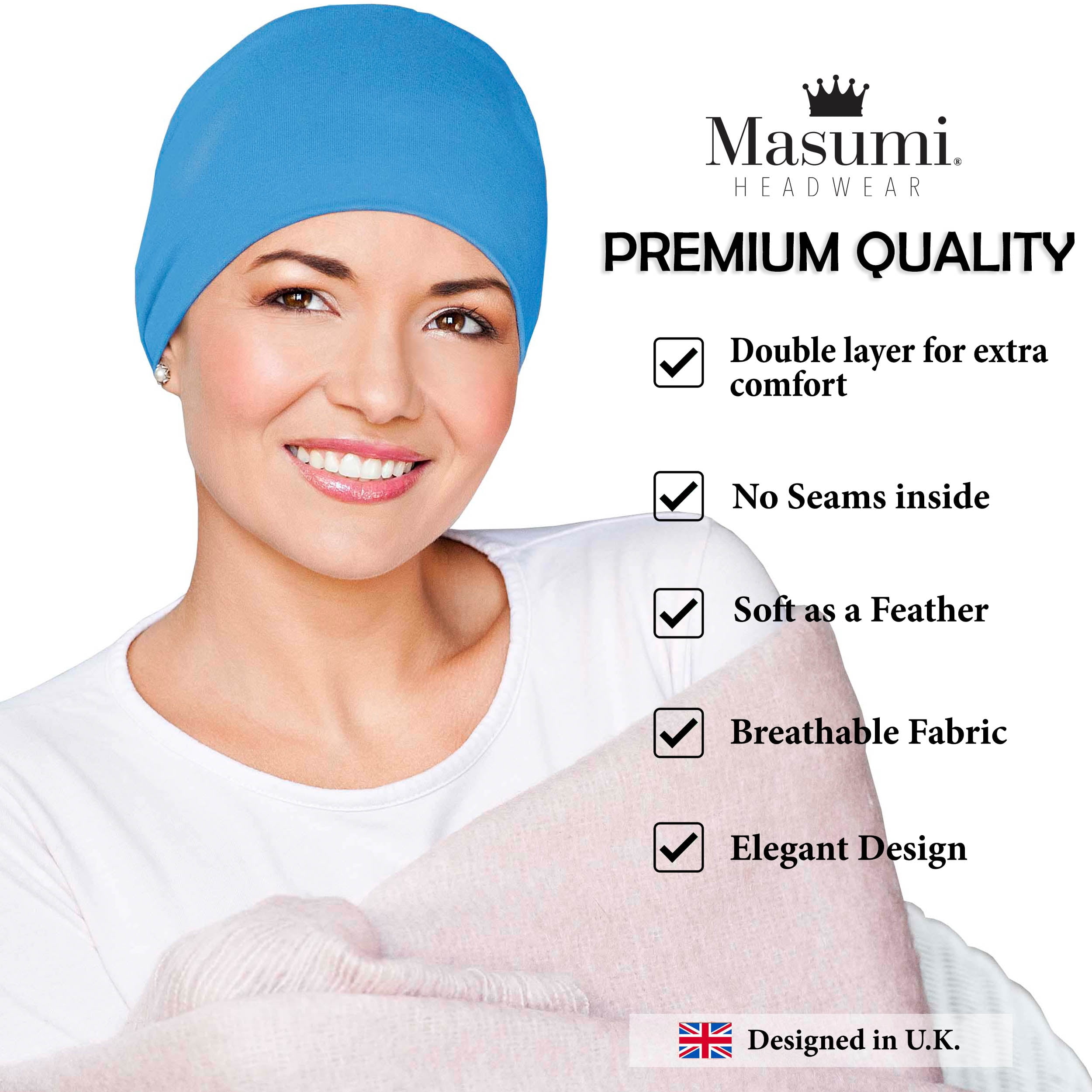 MASUMI Chemo Sleep Hat for Women, Soft Cotton Hats for Ladies, Chemo Headwear Turbans Cap Beanie Cancer Head Coverings with Double Layer (Blue Ocean)