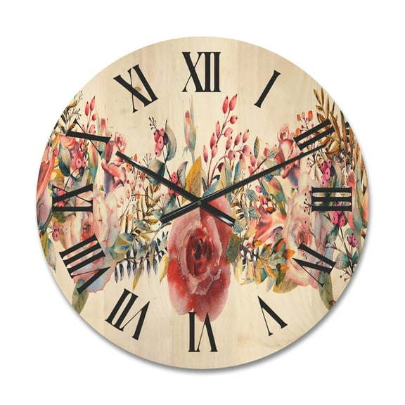 Designart 'Wildflower and Pink Roses' Farmhouse Wood Wall Clock