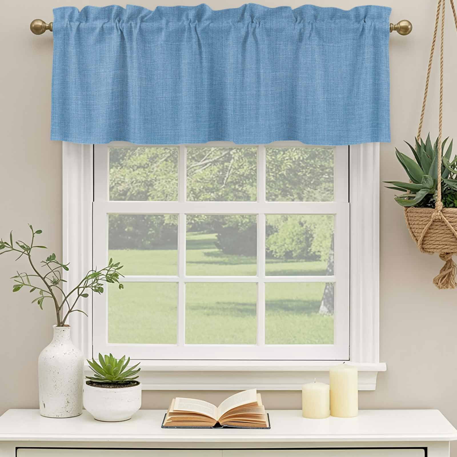 2 Panels Blue Valance for Windows, Farmhouse Burlap Solid Blue Color Modern Linen Texture Light Filtering Kitchen Curtains, Rod Pocket Window Treatment Curtain Valances for Living Room, 42"x12"