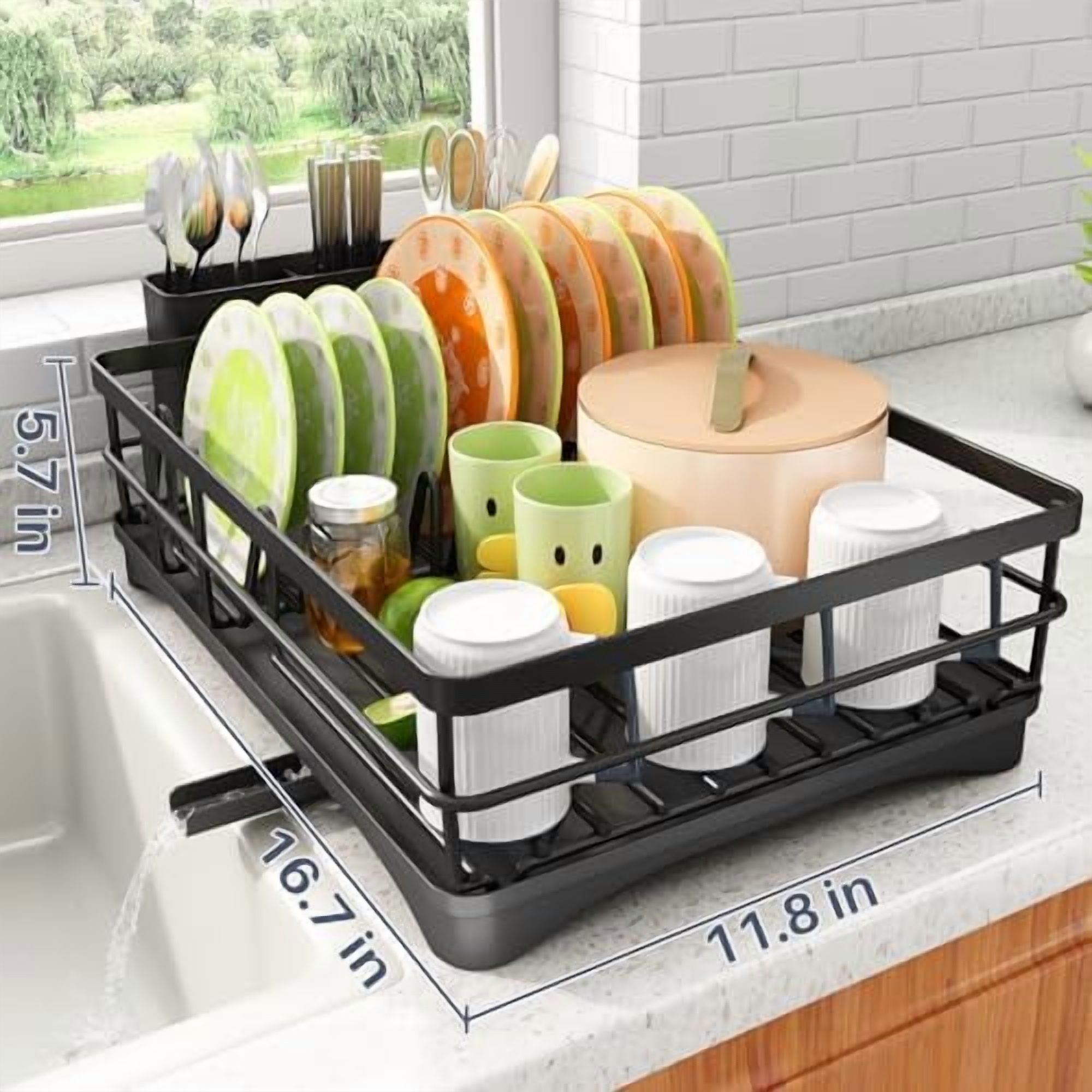 Dish Drying Rack - Stainless Steel Dish Rack for Kitchen Counter, Large-Capacity Dish Drainer with Cutlery Holder, Kitchen Organizer for Dishes, Spoons and Forks, Black