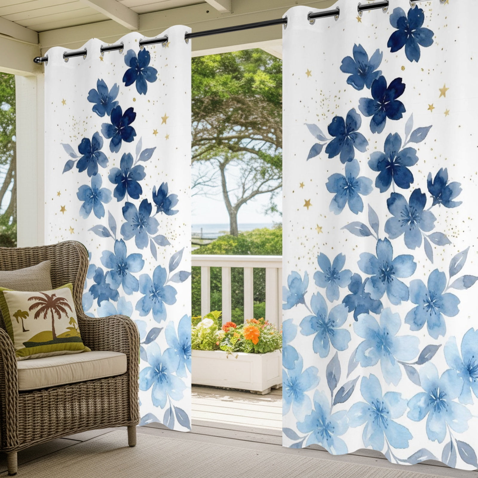 Blue Cherry Blossom Outdoor Curtains for Patio, Watercolor Floral Botanical Sunshade Privacy Drapes Grommet Waterproof Outside Curtains for Porch/Cabana/Balcony 54"x 108", 1 Panel