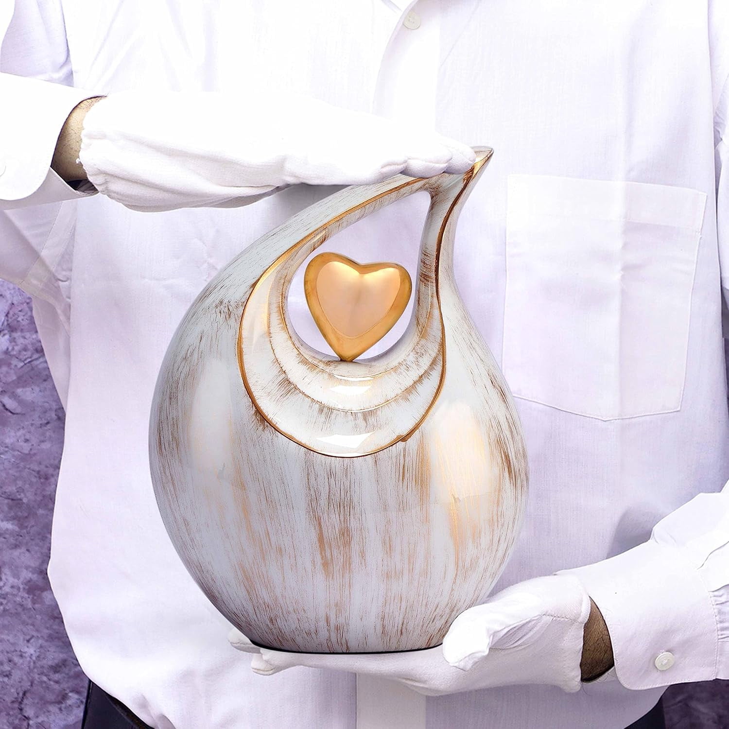 White Golden Teardrop Heart Urn for Human Ashes| Cremation Urns for Adult Ashes |Burial Ash Urn for Men & Women | Decorative Cremation Earns for Man/Male/Female & Humans | Large | 2.5 Litre Capcity