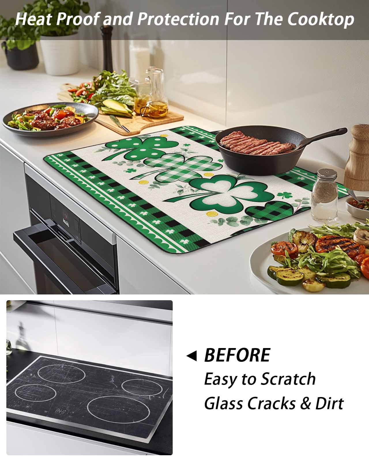 Stove Top Covers for Electric Stove, St. Patrick's Day, Glass Stovetop Cover Protector, Green Shamrock Farmhouse Plaid Eucalyptus Induction Cooktop Protector Oven Mat for Kitchen Countertop 24"x21"