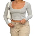 thumbnail image 3 of Femmes Crop Tops Couleur Unie Col Rond Manches Longues T-Shirt, 3 of 6