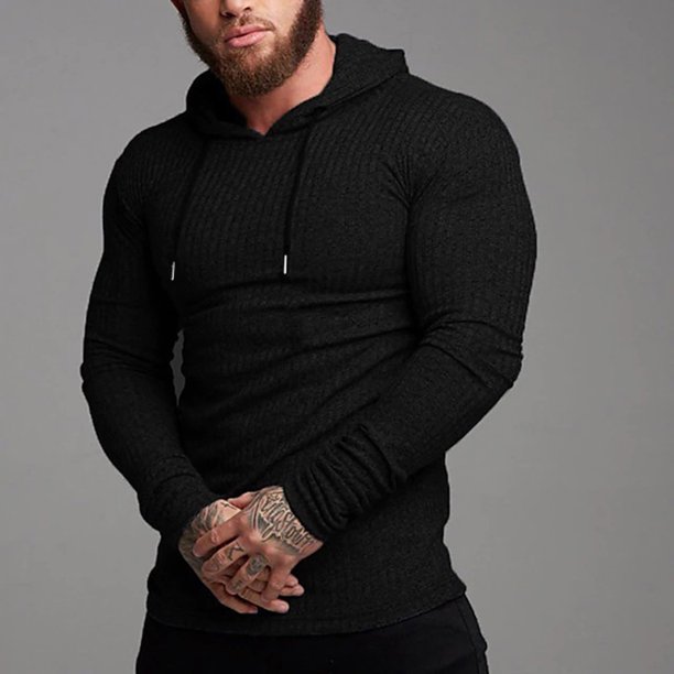 pstuiky camisa de manga larga para hombre, Sudadera deportiva informal de rayas verticales de color liso con capucha y manga larga para hombre Tops de hombre m