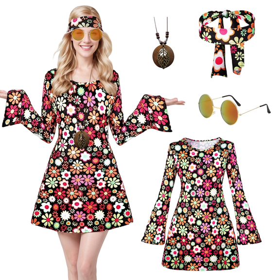 Alaiyaky Hippies Costume Set for Women, 60s 70s Fancy Dress With Hippie Accessories, Hippie Dress Costumes for Halloween Cosplay Party