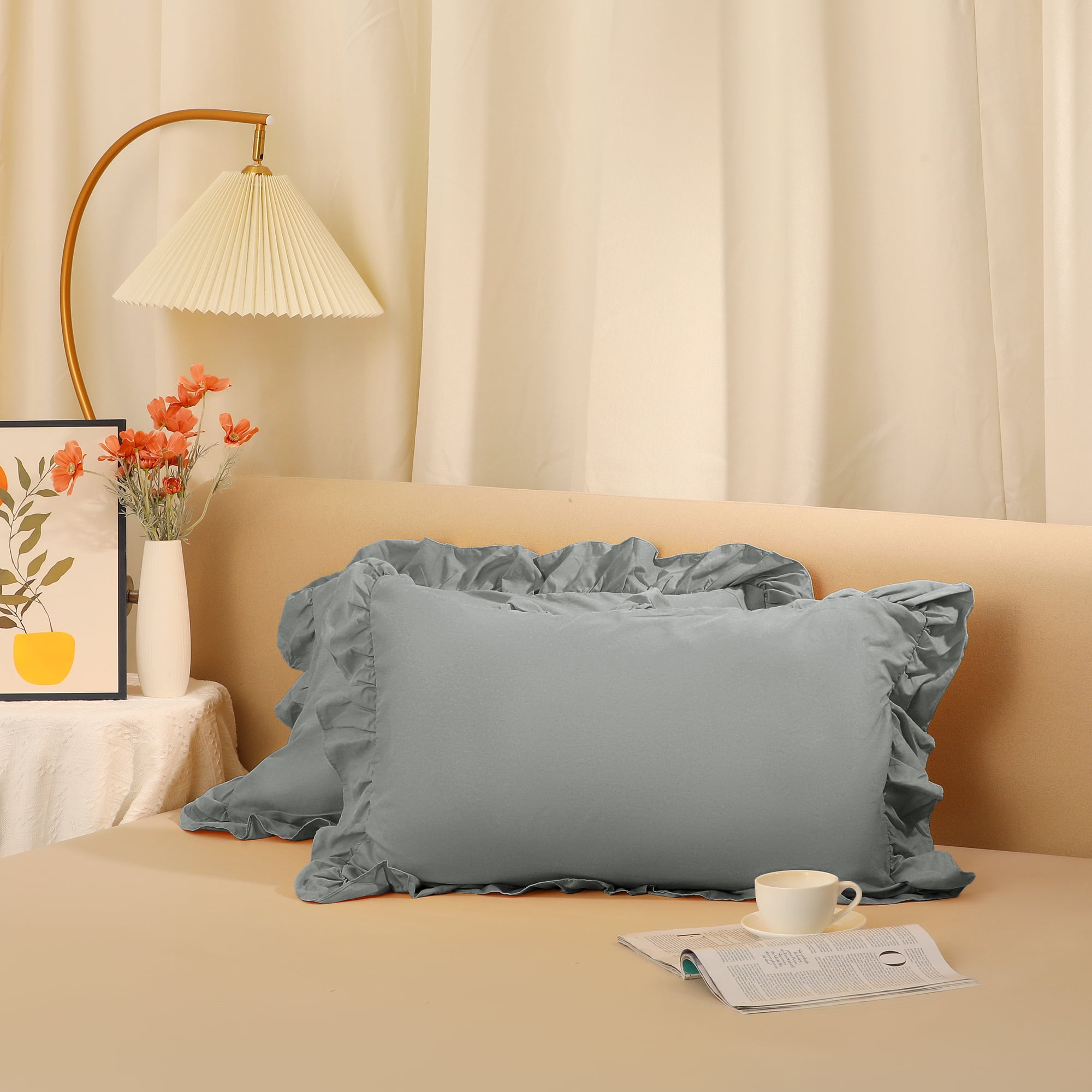 Unique Bargains Set of 2  Single Layer Ruffled Envelope Closure Pillow Shams Queen Grey