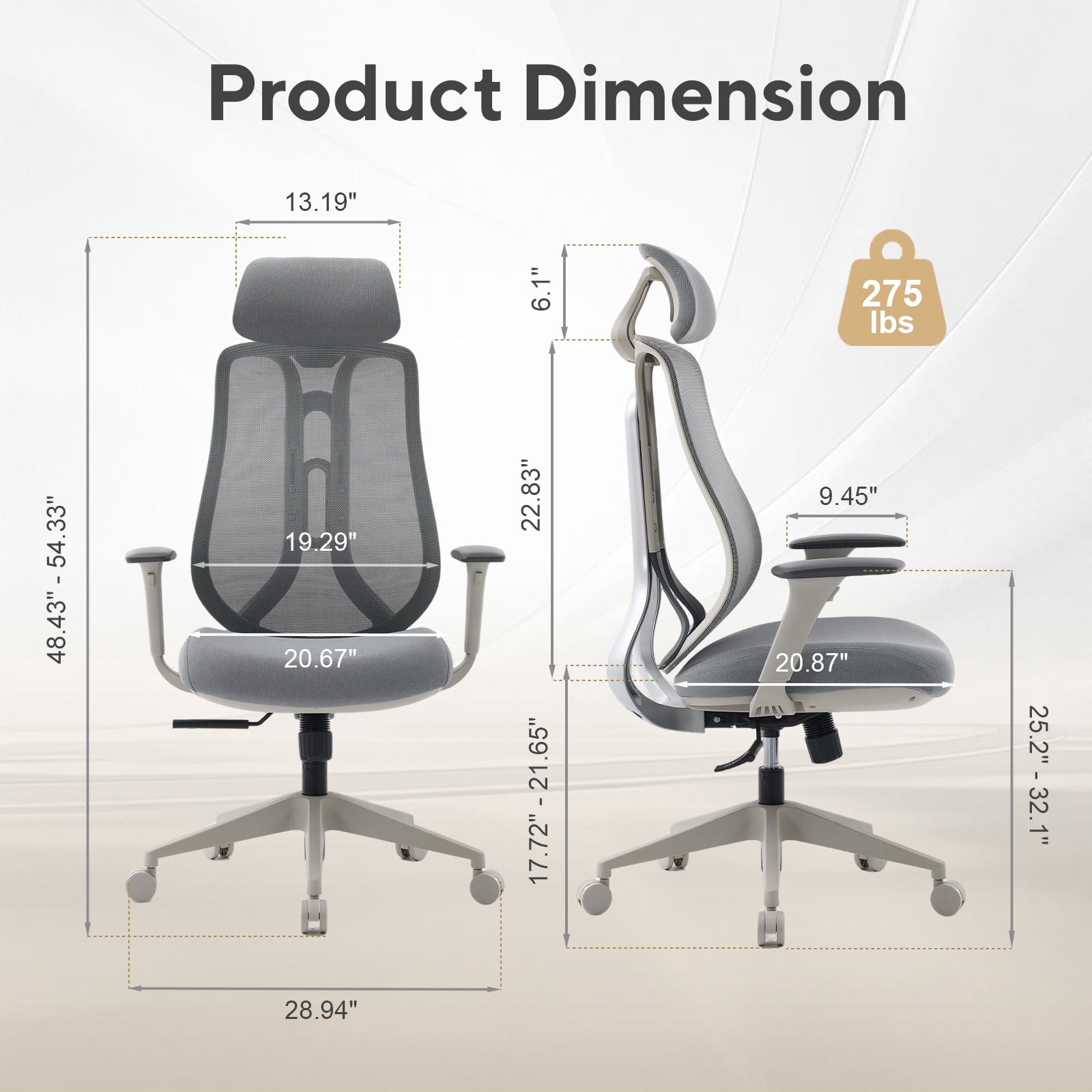 Nouhaus Strato, Gray Mesh, Ergonomic High Back Office Chair with 10-Level Height Adjustment & 3D Armrests for Home Office & Study