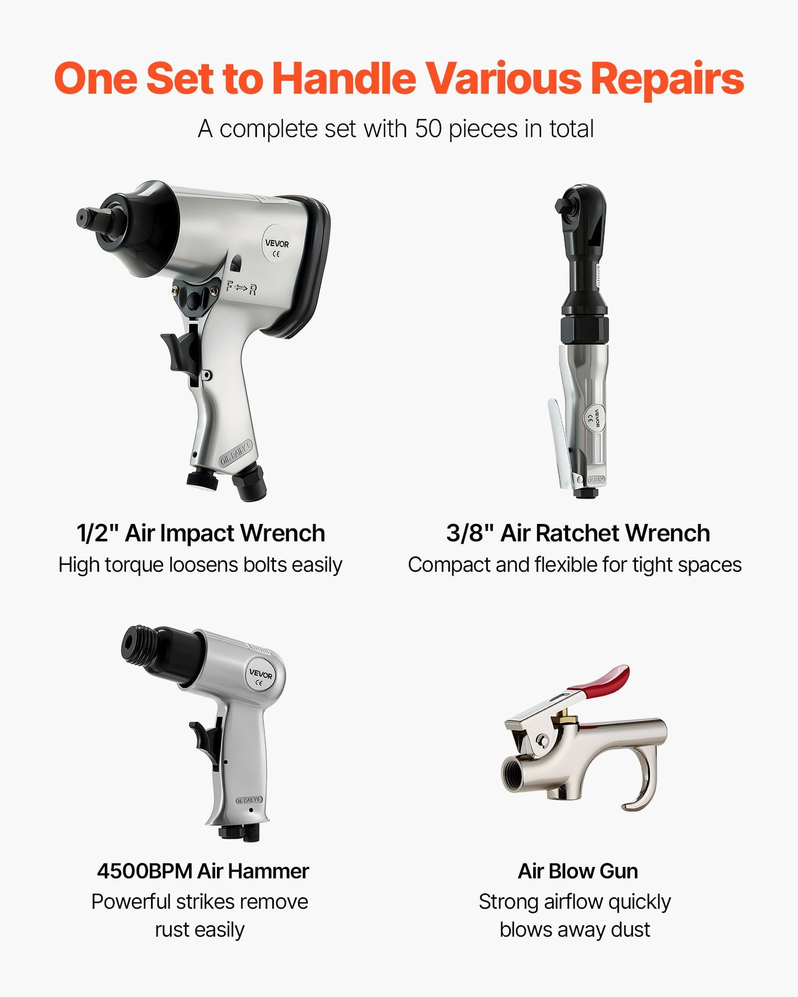50-Piece Professional Air Tool Combo Kit with Storage Case: 1/2" Impact Wrench, 3/8" Ratchet, 4500 BPM Hammer, Blow Gun & Complete Accessories for Automotive and DIY Projects